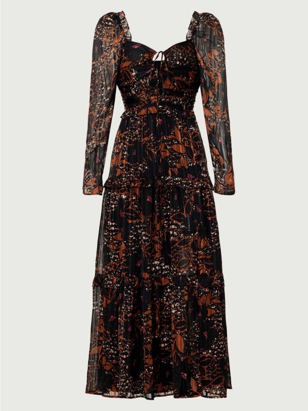 Peter Som Black and Brown Floral Tiered Maxi Dress